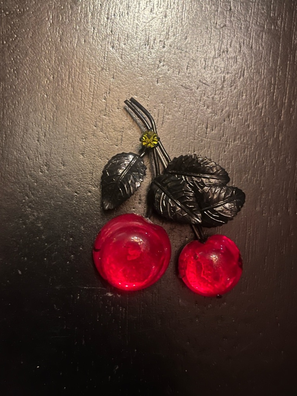 Vintage Cherry Brooch with Red Glass Fruit and Black Metal Leaves Austria